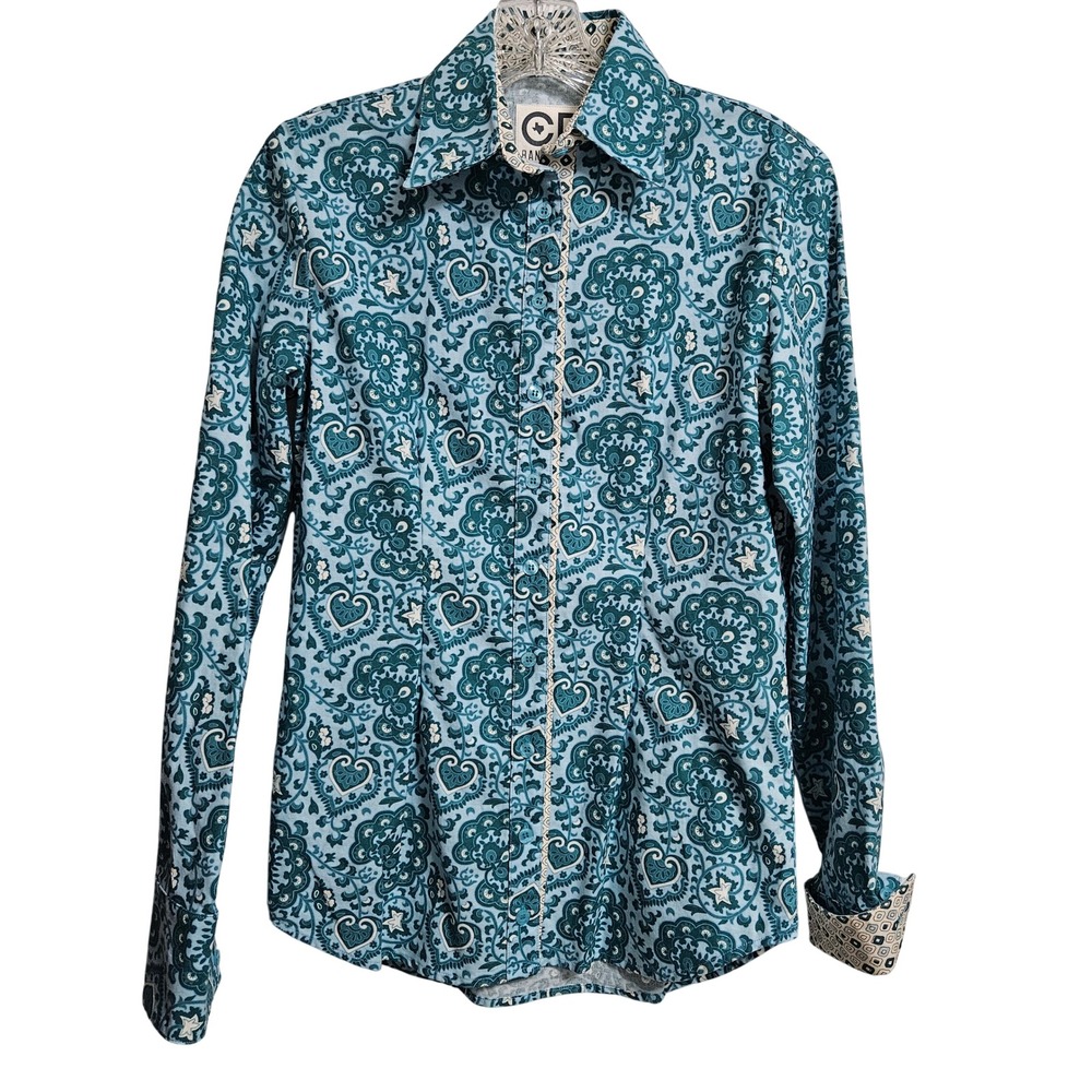 CR Ranchwear Button Down Women XS Blue Paisley Western Long Sleeve Cotton Shirt